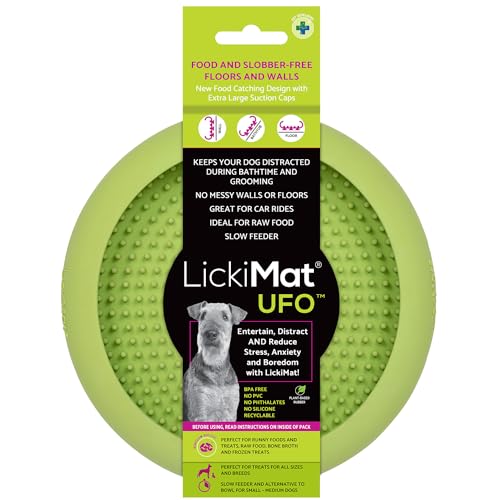 LickiMat UFO Ablenker für Baden, Duschen und Pflegen, Naturkautschuk, großer Schnuller, Lecknoppen, weiche und laufende Leckereien, einzigartiges Futter- und Dribbelfänger-Design, langsamer Fressnapf, von LICKIMAT