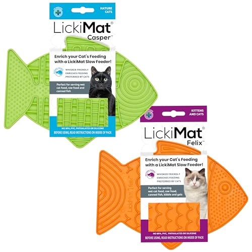 Lickimat Casper & Felix Katzen-Leckmatte in Fischform, Langeweile, Angstreduzierer, perfekt für Futter, Leckerlis und Angstreduzierung (Grün & Orange, Casper & Felix) von LICKIMAT