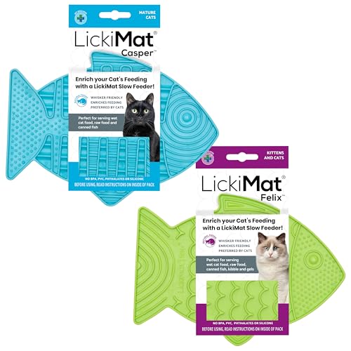 Lickimat Casper & Felix Katzenfutterspender für langsame Katzen in Fischform, zur Reduzierung von Langeweile und Angstzuständen, ideal für Lebensmittel,Grün,Casper & Felix von LICKIMAT