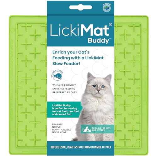 Lickimat Classic Buddy Katzenfutterstation für langsame Katzen gegen Langeweile und Angstreduzierung, Joghurt oder Erdnussbutter. Lustige Alternative zu einem Slow Feed Katzennapf oder -schale, Grün von LICKIMAT