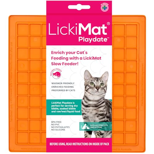 Lickimat Classic Playdate Futternapf für Katzen gegen Langeweile und Angstzustände, Joghurt oder Erdnussbutter. Lustige Alternative zu einem Slow Feed Katzennapf oder -schale, orange von LICKIMAT