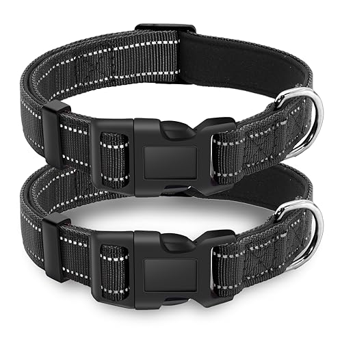 LIEVUIKEN Reflektierendes Hundehalsband mit Sicherheitsschnalle, verstellbar, weich, atmungsaktiv, bequem, Nylon, Haustierhalsband für kleine, mittelgroße und große Hunde, Schwarz, Größe L, 2 Stück von LIEVUIKEN