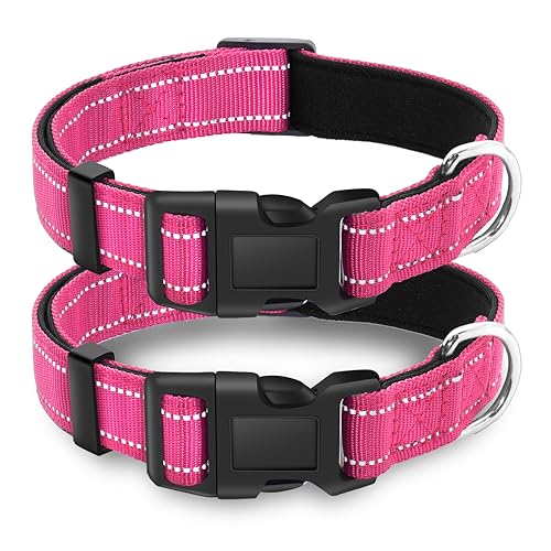 LIEVUIKEN Reflektierendes Hundehalsband mit Sicherheitsschnalle, verstellbar, weich, atmungsaktiv, bequem, Nylon, Haustierhalsband für kleine, mittelgroße und große Hunde, Hotpink, L, 2 Stück von LIEVUIKEN