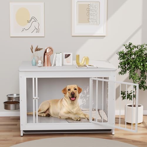 Hundekäfig für Zuhause,Holz Hundebox,93x64x58cm, Hundehaus für Drinnen mit Abnehmbares Tablett, Hundehütte mit 2 Hundenäpfe und Tür, Hundebox für Mittelgroße Kleine Hunde bis zu 40kg, Weiß von LIFERUN