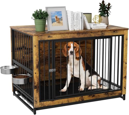 Hundekäfig für Zuhause, Holz Hundebox, 93x64x58cm, Hundehütte mit 2 Hundenäpfe und Tür, Hundehaus für Drinnen mit Abnehmbares Tablett, Hundebox für Mittelgroße Kleine Hunde bis zu 40kg, Holzfarbe von LIFERUN