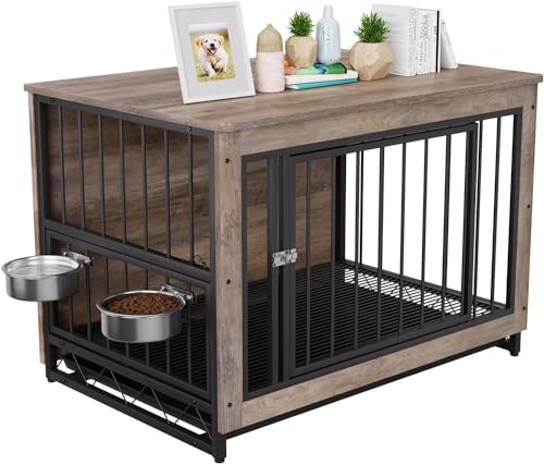 LIFERUN Hundekäfig für Zuhause, Holz Hundebox, 93x64x58cm, Hundehütte mit 2 Hundenäpfe und Tür, Hundehaus für Drinnen mit Abnehmbares Tablett, Hundebox für Mittelgroße Kleine Hunde bis zu 40kg, Grau von LIFERUN