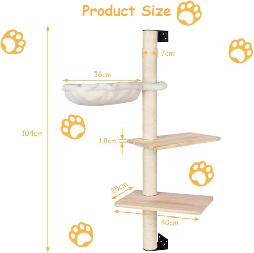 Kratzbaum Wandmontage 104 cm, Katzenkratzbaum Klein, Wandkratzbaum für Katzen Dolomit mit Hängematte und 2 Plattformen von LIFERUN