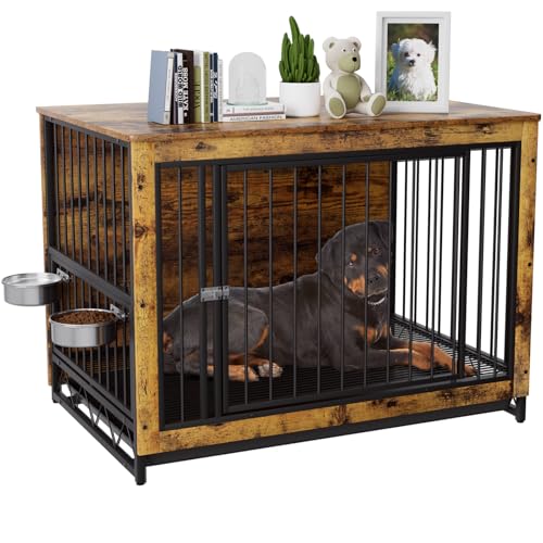 LIFERUN Hundekäfig Möbel,Hundekäfig für Zuhause im Möbelstil,93x64x58cm,Indoor Hundekäfig für Mittelgroße Kleine Hunde bis zu 40kg,mit Abnehmbares Tablett,Hundebox mit 2 Hundenäpfe und Tür,Holz,Braun von LIFERUN