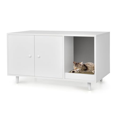 LIFEZEAL 2 in1 Katzenschrank mit Kratzbrett, Kaffeetisch mit Katzenhaus, Katzenhaus mit 2 Türen und hochgezogenen Beine, Katzenklo Katzentoilette Katzenhütte, Braun (Weiß) von LIFEZEAL