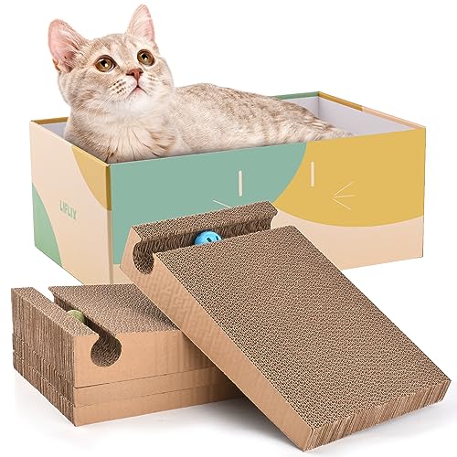 LIFLIX Katzenkratzbox aus Karton mit interaktiven Spielzeugbällen, 2 x Rampe und 2 x flache Kratzbretter, Katzenkratzer aus Karton für Indoor-Katzen zum Ausruhen und Spielen, 38,1 cm L x 24,9 cm B x von LIFLIX