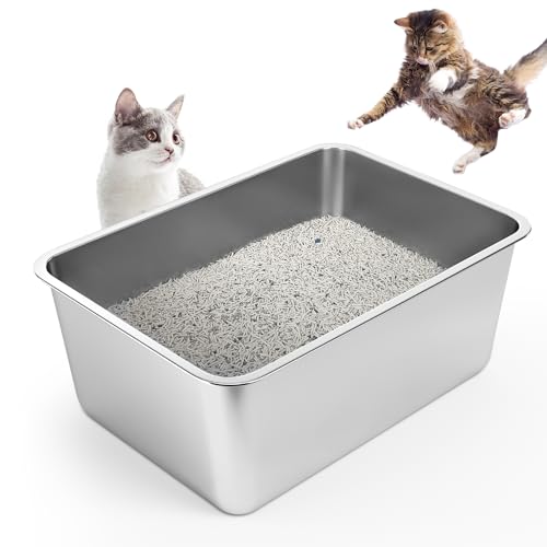 LIHONG Große Katzentoilette Edelstahl,Katzen und Kaninchen Metall klo,Niemals Gerüche,Fleckfrei,Rostfrei,Antihaft Glatte Oberfläche,Anti-Rutsch Gummiboden(50×35×20cm) von LIHONG