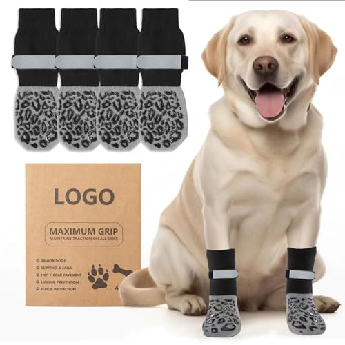 LILELIG 4er-Pack Hundesocken Leckschutz Antirutschsocken Hund Hunde Socken Anti Rutsch Socken Hund Hunde Stoppersocken mit Verstellbarem Riemen für Innenböden (Schwarzes Leopardenmuster, Größe M) von LILELIG