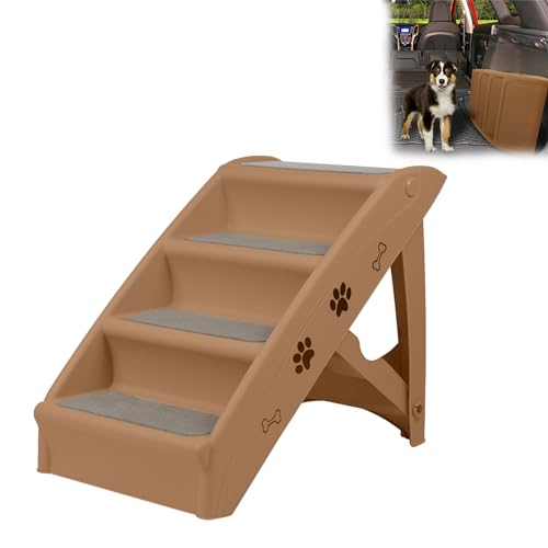 LILIIN Hundetreppe 4 Stufen, Klappbare Haustiertreppe mit Rutschfesten Teppichboden, Katzentreppe Hunderampe bis zu 75kg für Bett & Couch, Auto, Tiertreppe– Brun, 49 x 39 x 61 cm von LILIIN