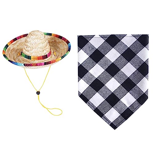 Haustier-Lätzchen,Hund Plaid Bandana Lätzchen Schal Dreieck mit Strohhut | Weiches und stilvolles Hundelätzchen-Strohhut-Set für kleine, mittelgroße Katzen und Hunde Lingjiong von LINGJIONG