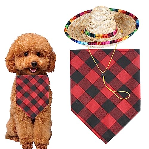 Hunde-Bandanas, Plaid Bandana Lätzchen Schal mit Strohhut Hund Sabber Handtuch Dreieck, Weiches und stilvolles Hundelätzchen-Strohhut-Set für kleine, mittelgroße Katzen und Hunde Lingjiong von LINGJIONG