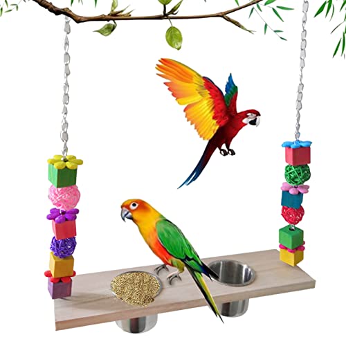 LINGJIONG 5 Pcs Vogelkäfigschaukel, Hölzernes Papageienschaukel-Kletter-Kauspielzeug, Buntes Hängematten-Futtersuchspielzeug mit 2 Futterbechern und Metallhaken für Liebesvögel, Nymphensittiche von LINGJIONG