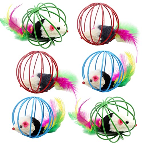 LINGJIONG Katzenspielzeug Bälle,6 Stück Rolling Cat Toy Ball Cat Mouse Ball Cage mit Feder - Interaktives Katzenspielzeug, rollende Katzenbälle für Katzen, Heimtierbedarf, Indoor-Spiel, Maus im Käfig von LINGJIONG