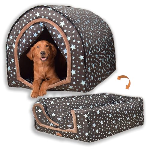 2-in-1 extra großes Haustier-Winterhaus, umwandelbar zum Bett mit warmer Kissenmatte, 2-Wege-Hundehütte, für drinnen und draußen, tragbare Hundehütte, abnehmbarer waschbarer Bezug (3XL, Sternenhimmel) von LINGSHINE