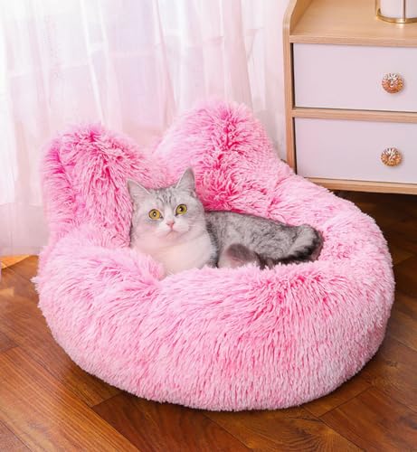 LINGXIYA Hunde-Beruhigungsbett, Orthopädisches Hundebett, Warme Weiche Bequeme Katzenbett, Hundebett mit Rutschfester Unterseite, Donut Plüsch Haustierbett für Katzen und Hunde (40cm,Rosa) von LINGXIYA