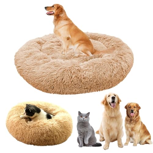 LINGXIYA Hundebett Flauschig, Rund Donut-Design Hundebett, Katzenbett, Donut Kissen, Waschbar, Hundebett mit Anti-Rutsch-Boden, Multi-Size-Haustier Hundebett für Klein-Mittelgroße Hunde-100CM, Beige von LINGXIYA