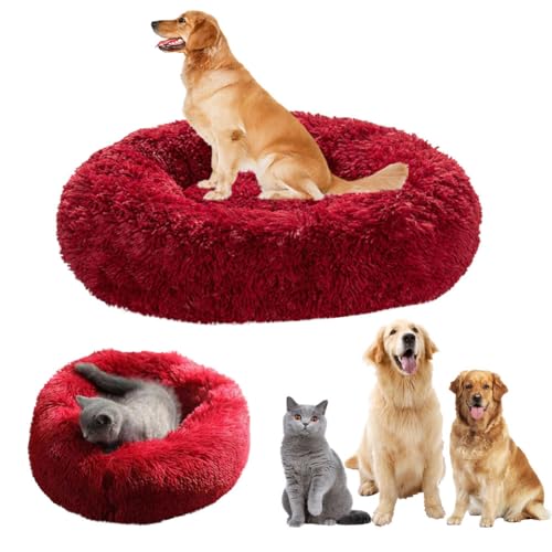 LINGXIYA Hundebett Flauschig, Rund Donut-Design Hundebett, Katzenbett, Donut Kissen, Waschbar, Hundebett mit Anti-Rutsch-Boden, Multi-Size-Haustier Hundebett für Klein-Mittelgroße Hunde-110CM, Rot von LINGXIYA