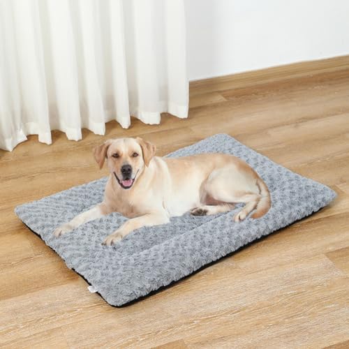 LINGXIYA Komfortable Atmungsaktiv Hundematratze, Komfortable Füllung, Hundebetten, rutschfest Hundekissen, Deluxe Plüsch Hundematte mit Rosensamts, Rutschfester Unterseite, 106cm, Grau von LINGXIYA