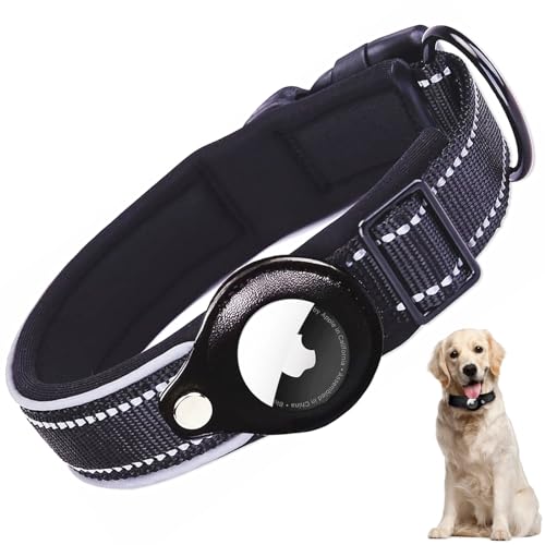 LINKPETO Reflektierendes Hundehalsband, robustes Hundehalsband mit AirTag-Halterung, verstellbares Hundehalsband für kleine, mittelgroße und große Hunde, Schwarz (Größe L (42 - 50 cm) von LINKPETO