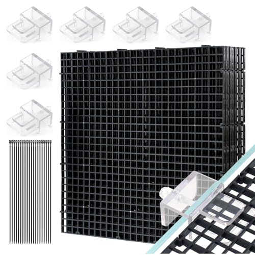 LINLAN Aquarium-Anti-Sprung-Set, Aquarienabdeckung, 8 Stück 30x30 cm Kunststoffgitter mit 6 Halterungen und 20 Kabelbindern, Abdeckung für rahmenlose Aquarien(Schwarz) von LINLAN