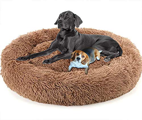 LINRUI Antistress Donut Hundebett Hoch XXL,Kuscheliges Hundekissen Memory Foam Flauschiges XXL Orthopädisch Oval Rund XL Hundehöhle für Mittelgroße große Hunde,Abwaschbar Braun von LINRUI