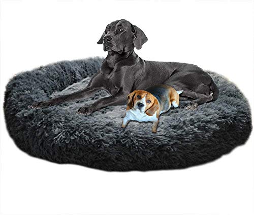 LINRUI Antistress Donut Hundebett Hoch XXL,Kuscheliges Hundekissen Memory Foam Flauschiges XXL Orthopädisch Oval Rund XL Hundehöhle für Mittelgroße große Hunde,Abwaschbar Dunkelgrau von LINRUI