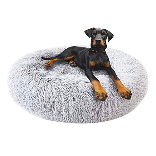 LINRUI Deluxe Hundebett Round Haustierbett für Hunde und Katzen, Weiches Plüsch Hundekorb mit Reißverschluss Abnehmbaren Waschbar für Mittelgroße, Große, Extra groß Hunde, L-80cm, Hellgrau von LINRUI