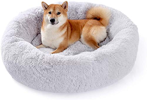 LINRUI Donut Hundebett Flauschig Katzenbett Waschbar Abnehmbarem Hundekissen, Schönes Hundekörbchen Deluxe Weiches Plüsch Haustierbett für Katzen Hunde,100cm,Hellgrau von LINRUI