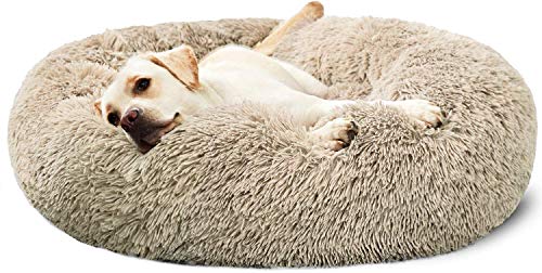 LINRUI Donut Hundebett Flauschig Katzenbett Waschbar Abnehmbarem Hundekissen, Schönes Hundekörbchen Deluxe Weiches Plüsch Haustierbett für Katzen Hunde,110cm,Beige von LINRUI