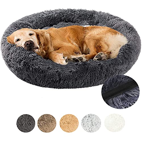 LINRUI Luxus Hundebett Orthopädisches Haustierbett Weiches Plüsch Hundekissen Doughnut-Form Hundekörbchen mit Wasserfeste Unterseite, Abnehmbarem Waschbar, Dunkelgrau, L:80 cm von LINRUI