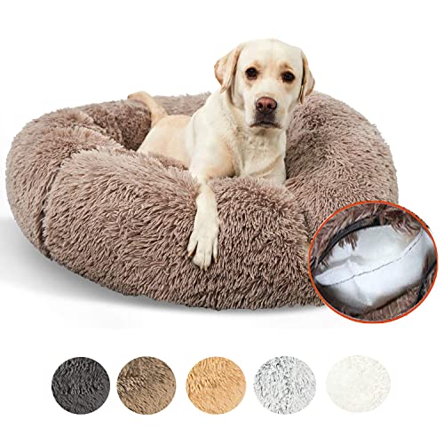 LINRUI Luxus Hundebett Orthopädisches Haustierbett Weiches Plüsch Hundekissen Doughnut-Form Hundekörbchen mit Wasserfeste Unterseite, Abnehmbarem Waschbar,L:80 cm,Braun von LINRUI