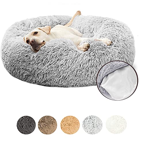 LINRUI Luxus Hundebett Orthopädisches Haustierbett Weiches Plüsch Hundekissen Doughnut-Form Hundekörbchen mit Wasserfeste Unterseite, Abnehmbarem Waschbar,L:80 cm,Hellgrau von LINRUI