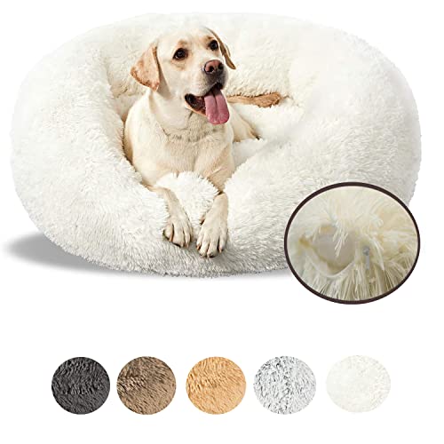 LINRUI Luxus Hundebett Orthopädisches Haustierbett Weiches Plüsch Hundekissen Doughnut-Form Hundekörbchen mit Wasserfeste Unterseite, Abnehmbarem Waschbar,L:80 cm,Weiß von LINRUI