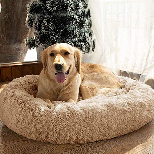 LINRUI Luxus Hundebett Orthopädisches Haustierbett Weiches Plüsch Hundekissen Doughnut-Form Hundekörbchen mit Wasserfeste Unterseite, Abnehmbarem Waschbar,XXL:110 cm,Beige von LINRUI