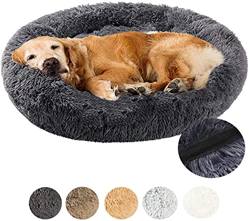 LINRUI Luxus Hundebett Orthopädisches Haustierbett Weiches Plüsch Hundekissen Doughnut-Form Hundekörbchen mit Wasserfeste Unterseite, Abnehmbarem Waschbar (XXXL:120 cm, Dunkelgrau) von LINRUI