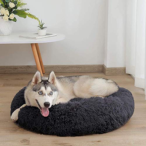 LINRUI Orthopädisches XXL Waschbar Hundebett Hundesofa Antistress Hundekissen Flauschiges Donut für Grosse Mittlere Extra große Hunde Hundehöhle XL Rund Kuschelig Memory Foam Hoch Oval Dunkelgrau von LINRUI