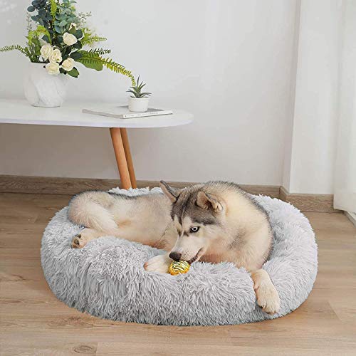 LINRUI Orthopädisches XXL Waschbar Hundebett Hundesofa Antistress Hundekissen Flauschiges Donut für Grosse Mittlere Extra große Hunde Hundehöhle XL Rund Kuschelig Memory Foam Hoch Oval Grau von LINRUI