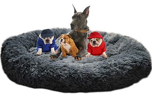 LINRUI Waschbar & Orthopädisches Hundekissen XXL Hundebett Flauschiges für Extra große Grosse Mittlere Hunde Antistress Donut Hundesofa Oval Hoch Hundehöhle XL Rund Kuschelig Memory Foam Dunkelgrau von LINRUI