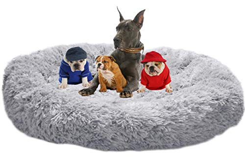 LINRUI Waschbar & Orthopädisches Hundekissen XXL Hundebett Flauschiges für Extra große Grosse Mittlere Hunde Antistress Donut Hundesofa Oval Hoch Hundehöhle XL Rund Kuschelig Memory Foam Grau von LINRUI