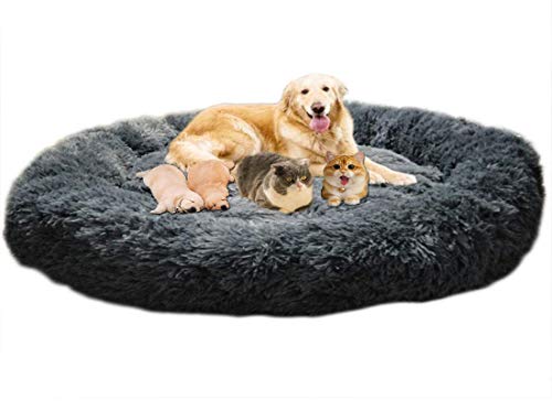 LINRUI XXL Waschbar Hundebett Hundesofa Orthopädisches Antistress Hundekissen Flauschiges für Extra große Grosse Mittlere Hunde Donut Hundehöhle XL Rund Kuschelig Memory Foam Oval Hoch Dunkelgrau von LINRUI