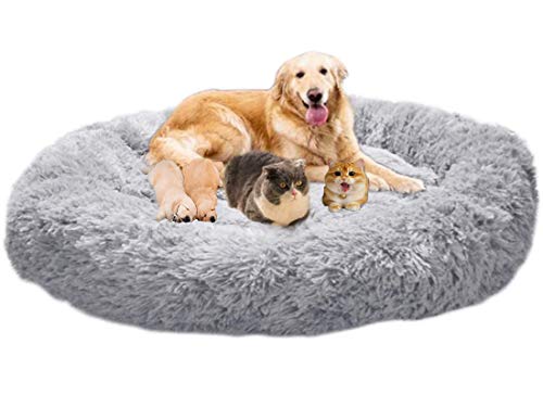 LINRUI XXL Waschbar Hundebett Hundesofa Orthopädisches Antistress Hundekissen Flauschiges für Extra große Grosse Mittlere Hunde Donut Hundehöhle XL Rund Kuschelig Memory Foam Oval Hoch Grau von LINRUI