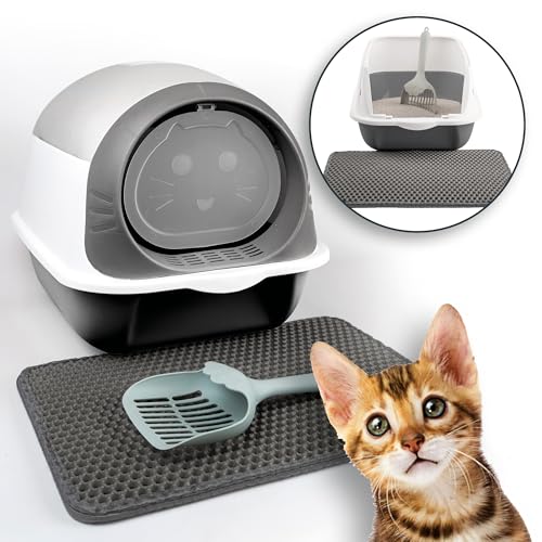 LINUMA® Grau Katzenklo mit Schaufel und Streumatte geschlossen und offen, litter box, Katzentoilette, mit Deckel & ohne Deckel, Katzen Klo, cat toilet, cat litter box, Zubehör, klein, Katzen von LINUMA