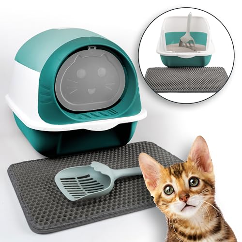 LINUMA® Grün Katzenklo mit Schaufel und Streumatte geschlossen und offen, Litter Box, Katzentoilette, mit Deckel & ohne Deckel, Katzen Klo, cat Toilet, cat Litter Box, Zubehör, klein, Katzen von LINUMA