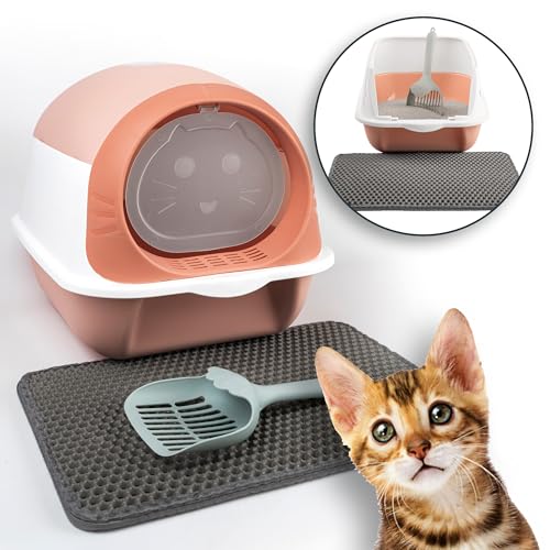 LINUMA® Pink Katzenklo mit Schaufel und Streumatte geschlossen und offen, litter box, Katzentoilette, mit Deckel & ohne Deckel, Katzen Klo, cat toilet, cat litter box, Zubehör, klein, Katzen von LINUMA