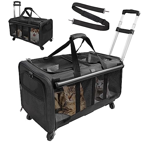 LIONROGE Rolltrage mit zwei Fächern für 2 Haustiere, mit Rollen für 2 Katzen, super belüftetes Design, ideal für Reisen/Wandern/Camping von LIONROGE