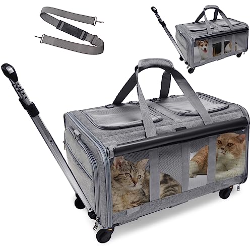 LIONROGE Rolltrage mit zwei Fächern für 2 Haustiere, mit Rollen für 2 Katzen, super belüftetes Design, ideal für Reisen/Wandern/Camping von LIONROGE